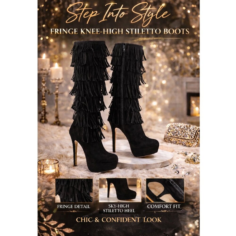 Oscar 16 - Fringe Platform Black High Heel Boots